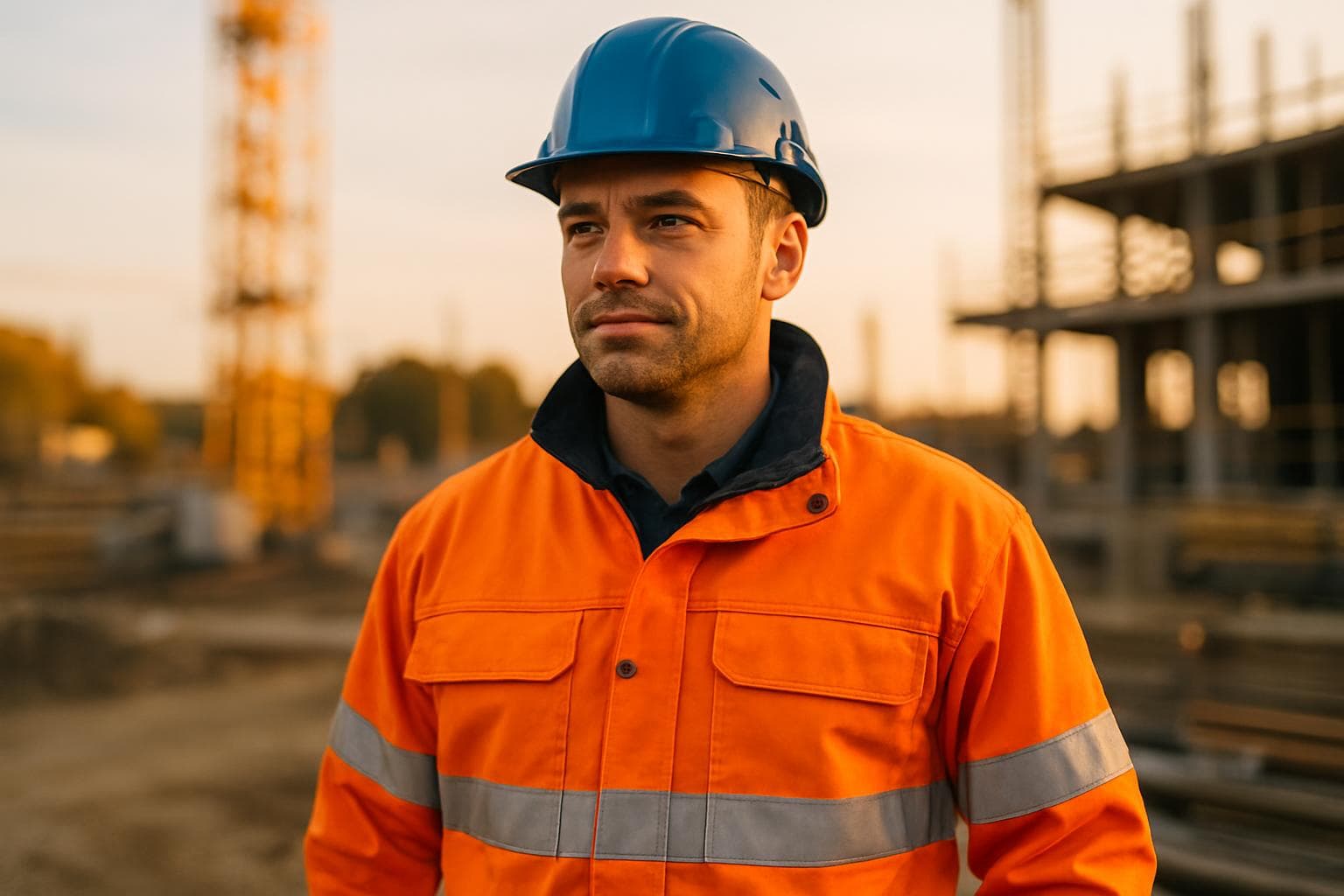 Mitarbeiter in Warnschutzkleidung und Schutzhelm auf einer Baustelle